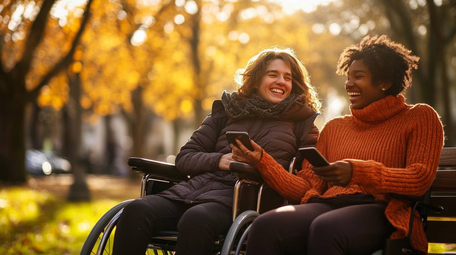 Twee vrouwen lachen samen in het park